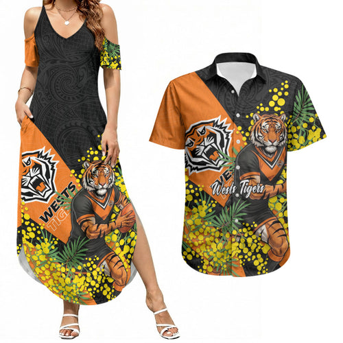 Wests Tigers Couples Matching Summer Maxi Dress and Hawaiian Shirt Golden Wattle Floral Polynesian - Australian Flower - Rugby Mascot