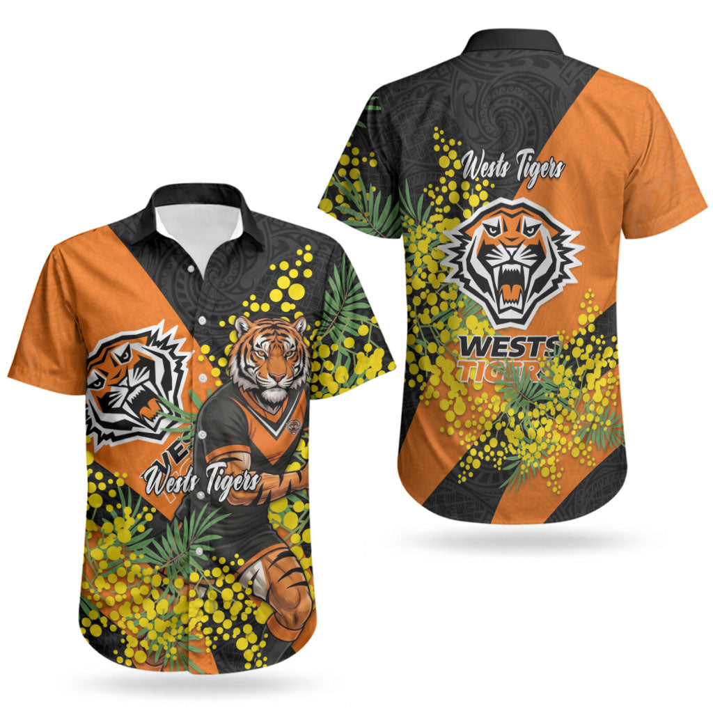 Wests Tigers Couples Matching Summer Maxi Dress and Hawaiian Shirt Golden Wattle Floral Polynesian - Australian Flower - Rugby Mascot