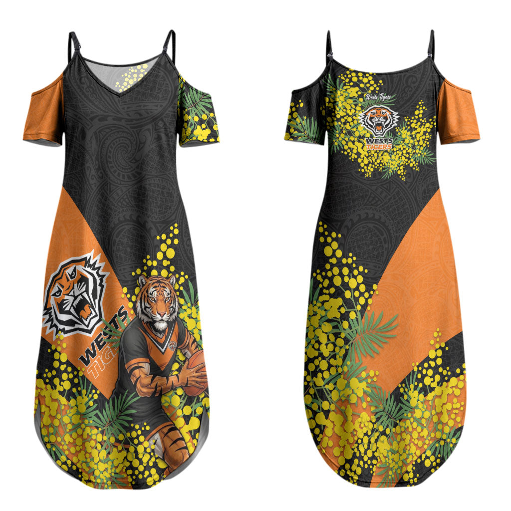 Wests Tigers Couples Matching Summer Maxi Dress and Hawaiian Shirt Golden Wattle Floral Polynesian - Australian Flower - Rugby Mascot