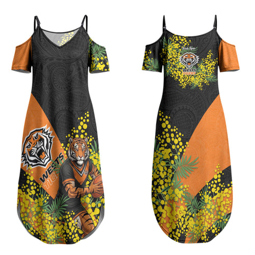 Wests Tigers Couples Matching Summer Maxi Dress and Hawaiian Shirt Golden Wattle Floral Polynesian - Australian Flower - Rugby Mascot
