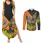 Wests Tigers Couples Matching Summer Maxi Dress and Long Sleeve Button Shirt Golden Wattle Floral Polynesian - Australian Flower - Rugby Mascot
