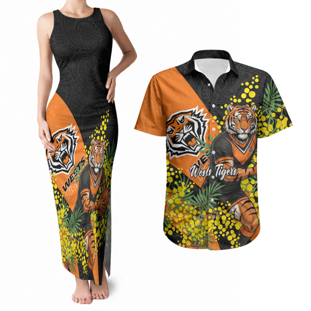 Wests Tigers Couples Matching Tank Maxi Dress and Hawaiian Shirt Golden Wattle Floral Polynesian - Australian Flower - Rugby Mascot