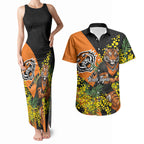 Wests Tigers Couples Matching Tank Maxi Dress and Hawaiian Shirt Golden Wattle Floral Polynesian - Australian Flower - Rugby Mascot