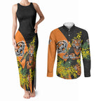 Wests Tigers Couples Matching Tank Maxi Dress and Long Sleeve Button Shirt Golden Wattle Floral Polynesian - Australian Flower - Rugby Mascot