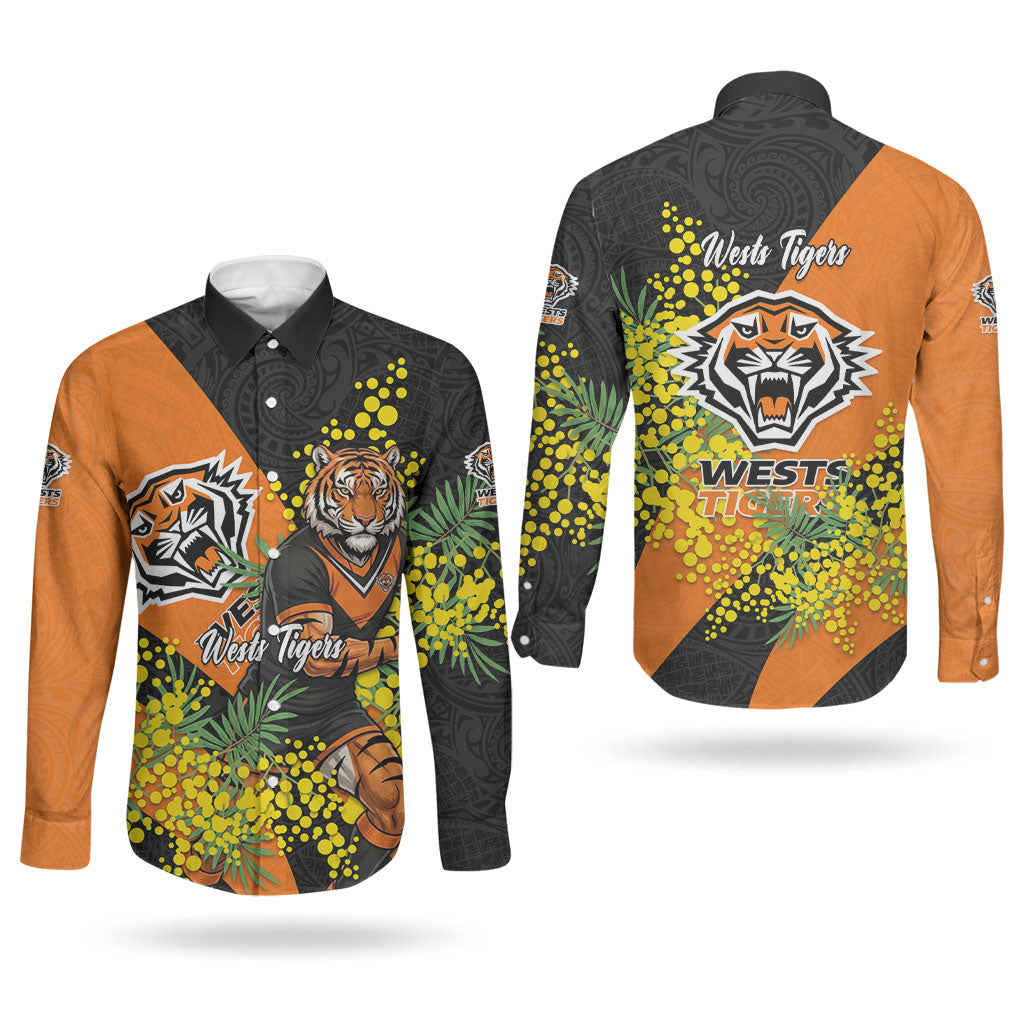 Wests Tigers Couples Matching Tank Maxi Dress and Long Sleeve Button Shirt Golden Wattle Floral Polynesian - Australian Flower - Rugby Mascot