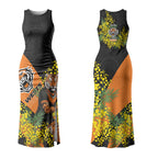 Wests Tigers Couples Matching Tank Maxi Dress and Long Sleeve Button Shirt Golden Wattle Floral Polynesian - Australian Flower - Rugby Mascot