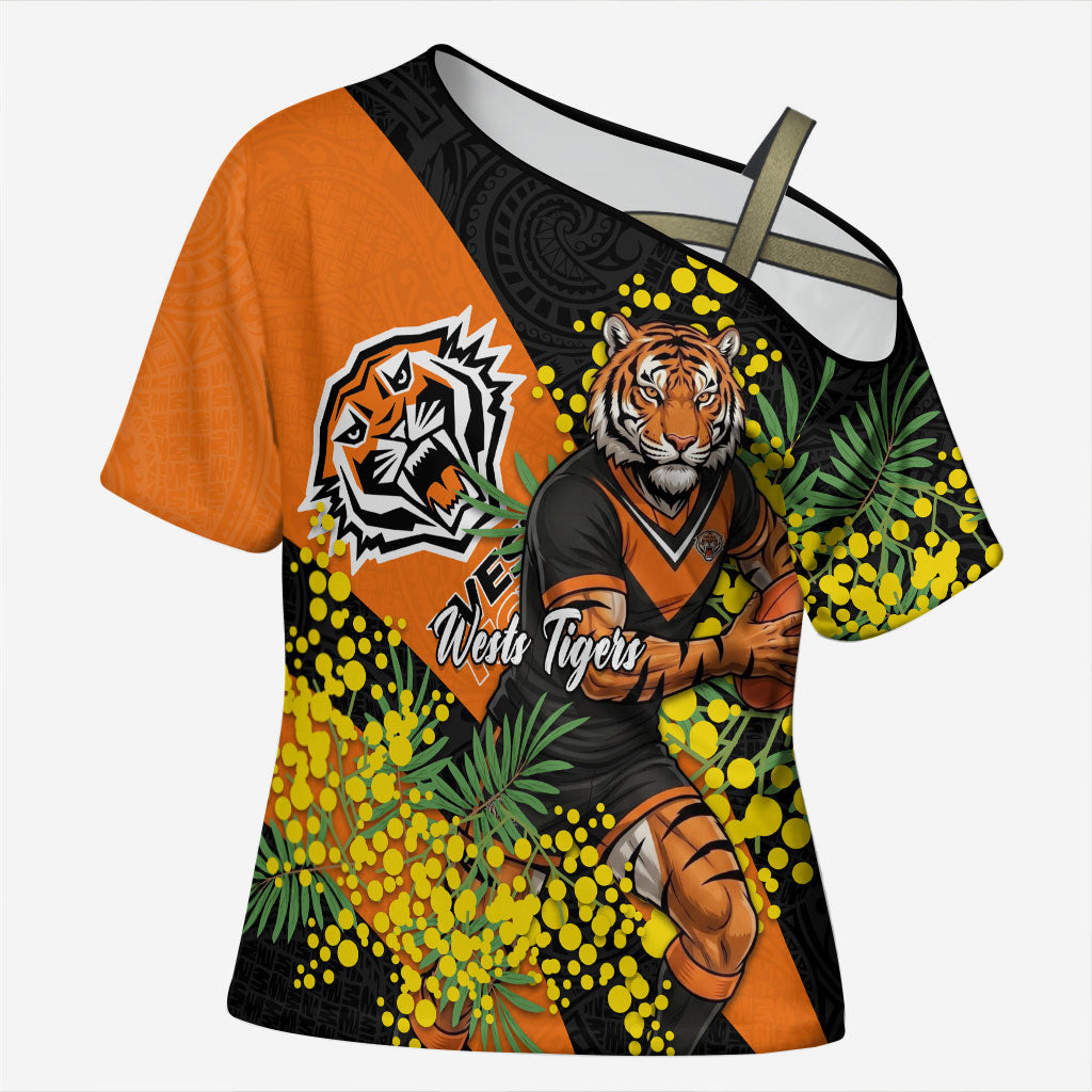 Wests Tigers Cross Shoulder Shirt Golden Wattle Floral Polynesian - Australian Flower - Rugby Mascot