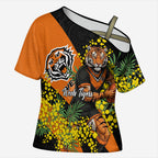 Wests Tigers Cross Shoulder Shirt Golden Wattle Floral Polynesian - Australian Flower - Rugby Mascot