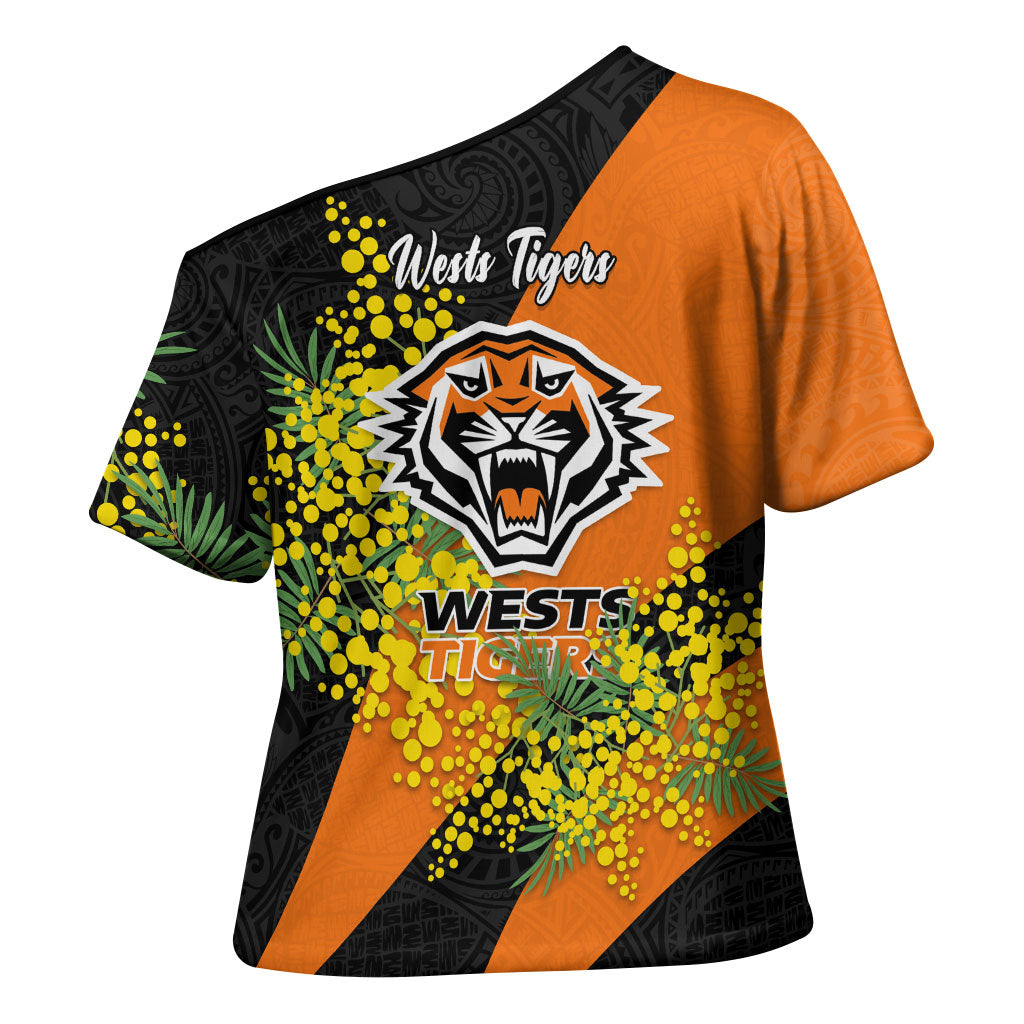Wests Tigers Cross Shoulder Shirt Golden Wattle Floral Polynesian - Australian Flower - Rugby Mascot