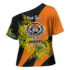 Wests Tigers Cross Shoulder Shirt Golden Wattle Floral Polynesian - Australian Flower - Rugby Mascot