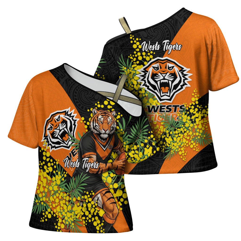 Wests Tigers Cross Shoulder Shirt Golden Wattle Floral Polynesian - Australian Flower - Rugby Mascot