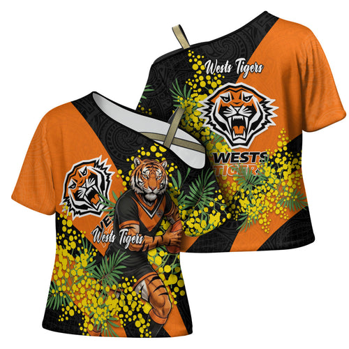 Wests Tigers Cross Shoulder Shirt Golden Wattle Floral Polynesian - Australian Flower - Rugby Mascot