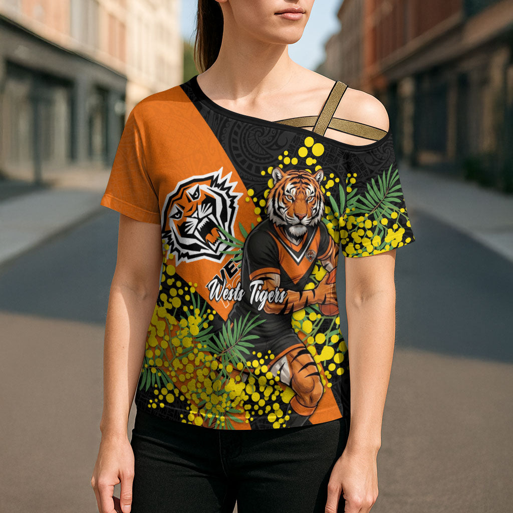 Wests Tigers Cross Shoulder Shirt Golden Wattle Floral Polynesian - Australian Flower - Rugby Mascot