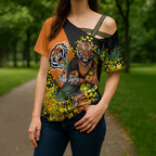 Wests Tigers Cross Shoulder Shirt Golden Wattle Floral Polynesian - Australian Flower - Rugby Mascot