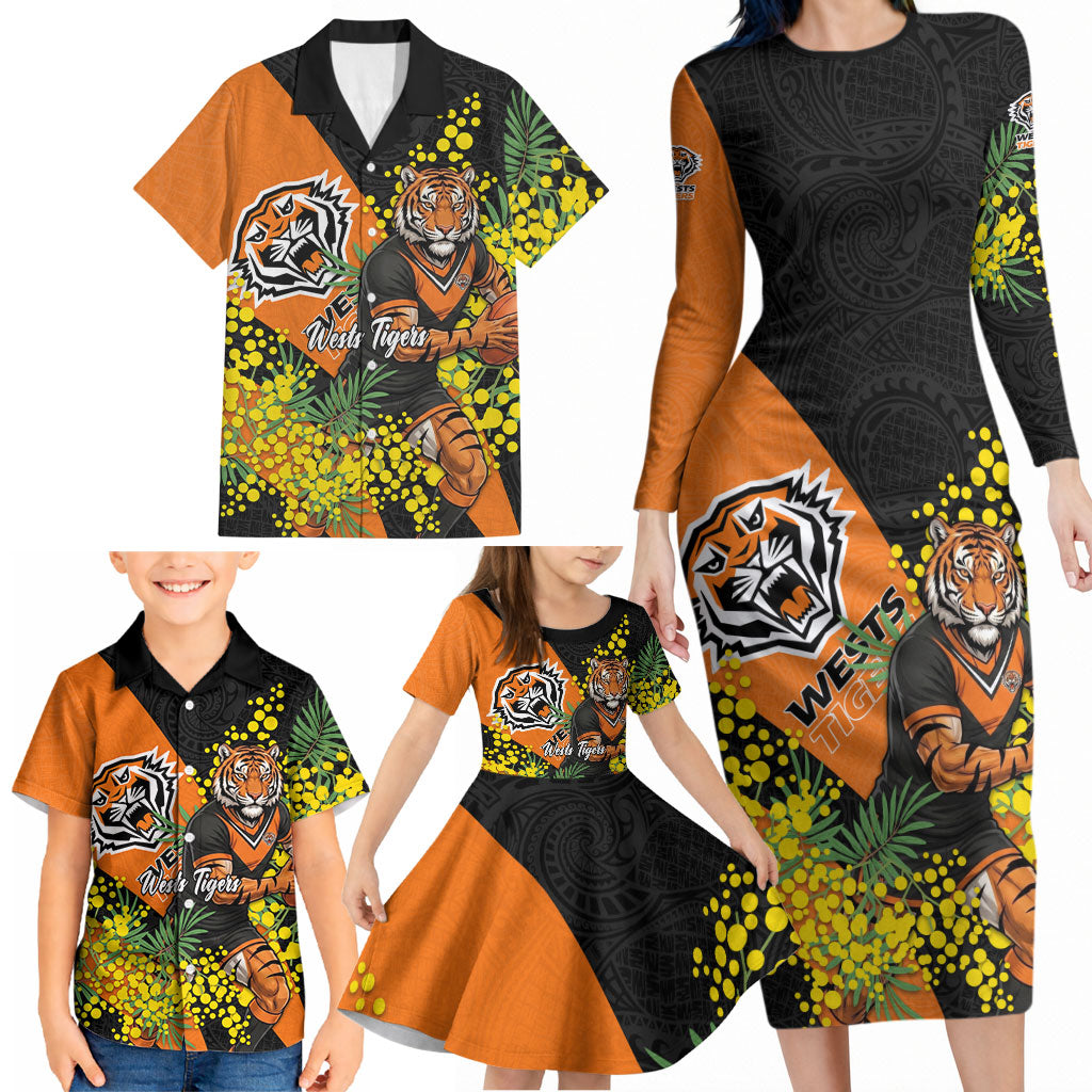 Wests Tigers Family Matching Long Sleeve Bodycon Dress and Hawaiian Shirt Golden Wattle Floral Polynesian - Australian Flower - Rugby Mascot