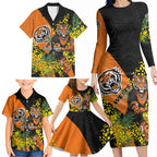 Wests Tigers Family Matching Long Sleeve Bodycon Dress and Hawaiian Shirt Golden Wattle Floral Polynesian - Australian Flower - Rugby Mascot