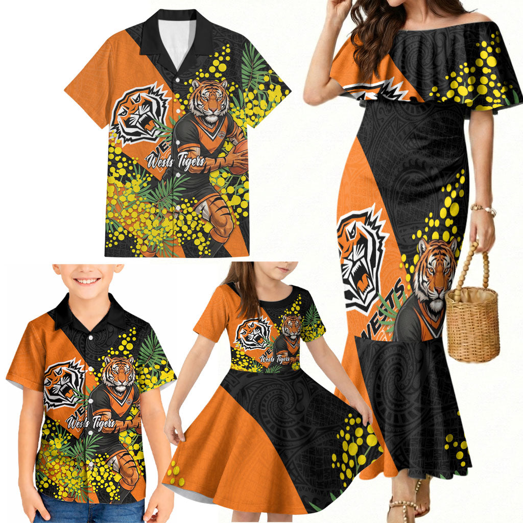 Wests Tigers Family Matching Mermaid Dress and Hawaiian Shirt Golden Wattle Floral Polynesian - Australian Flower - Rugby Mascot