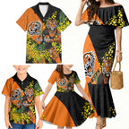 Wests Tigers Family Matching Mermaid Dress and Hawaiian Shirt Golden Wattle Floral Polynesian - Australian Flower - Rugby Mascot