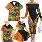 Wests Tigers Family Matching Off The Shoulder Long Sleeve Dress and Hawaiian Shirt Golden Wattle Floral Polynesian - Australian Flower - Rugby Mascot