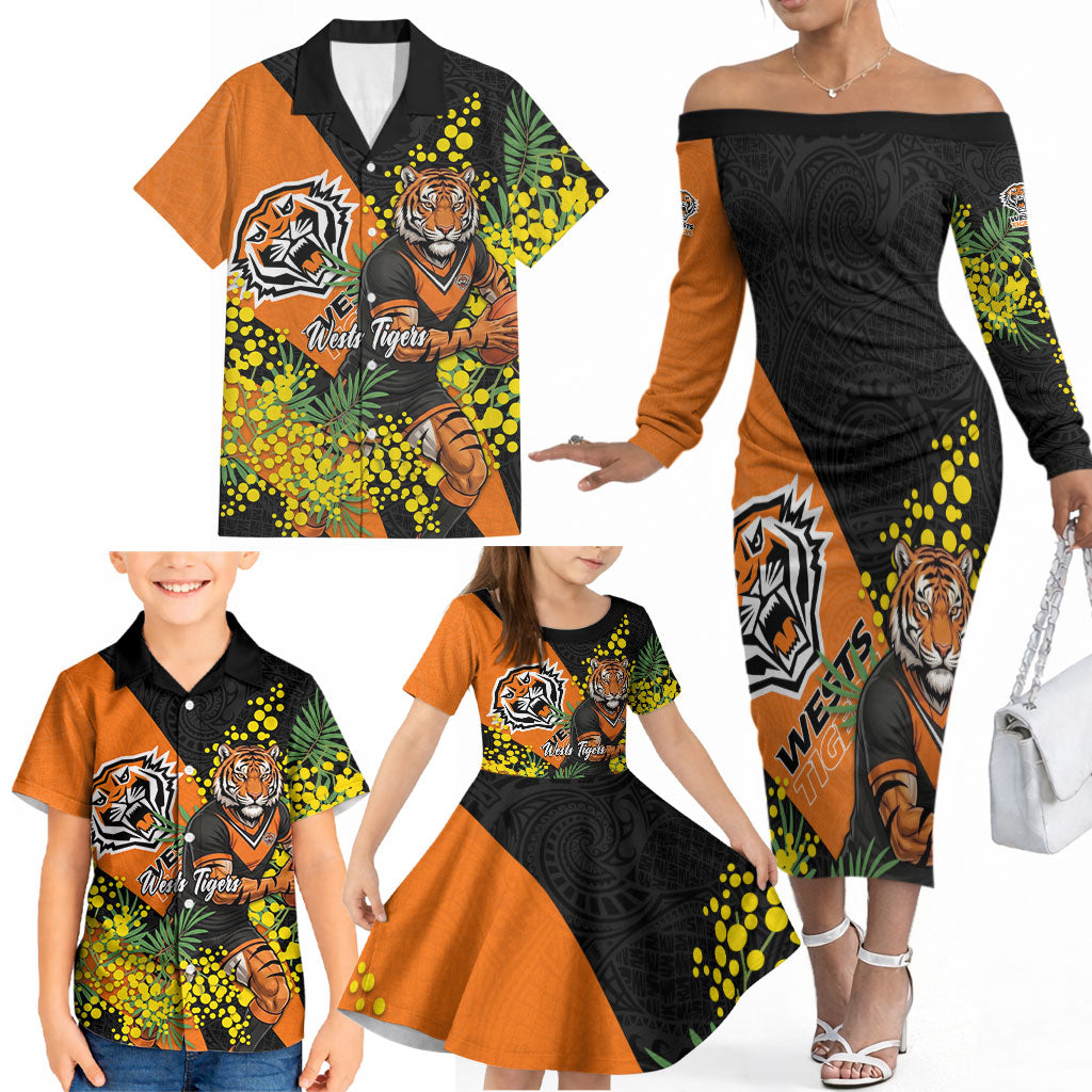 Wests Tigers Family Matching Off The Shoulder Long Sleeve Dress and Hawaiian Shirt Golden Wattle Floral Polynesian - Australian Flower - Rugby Mascot