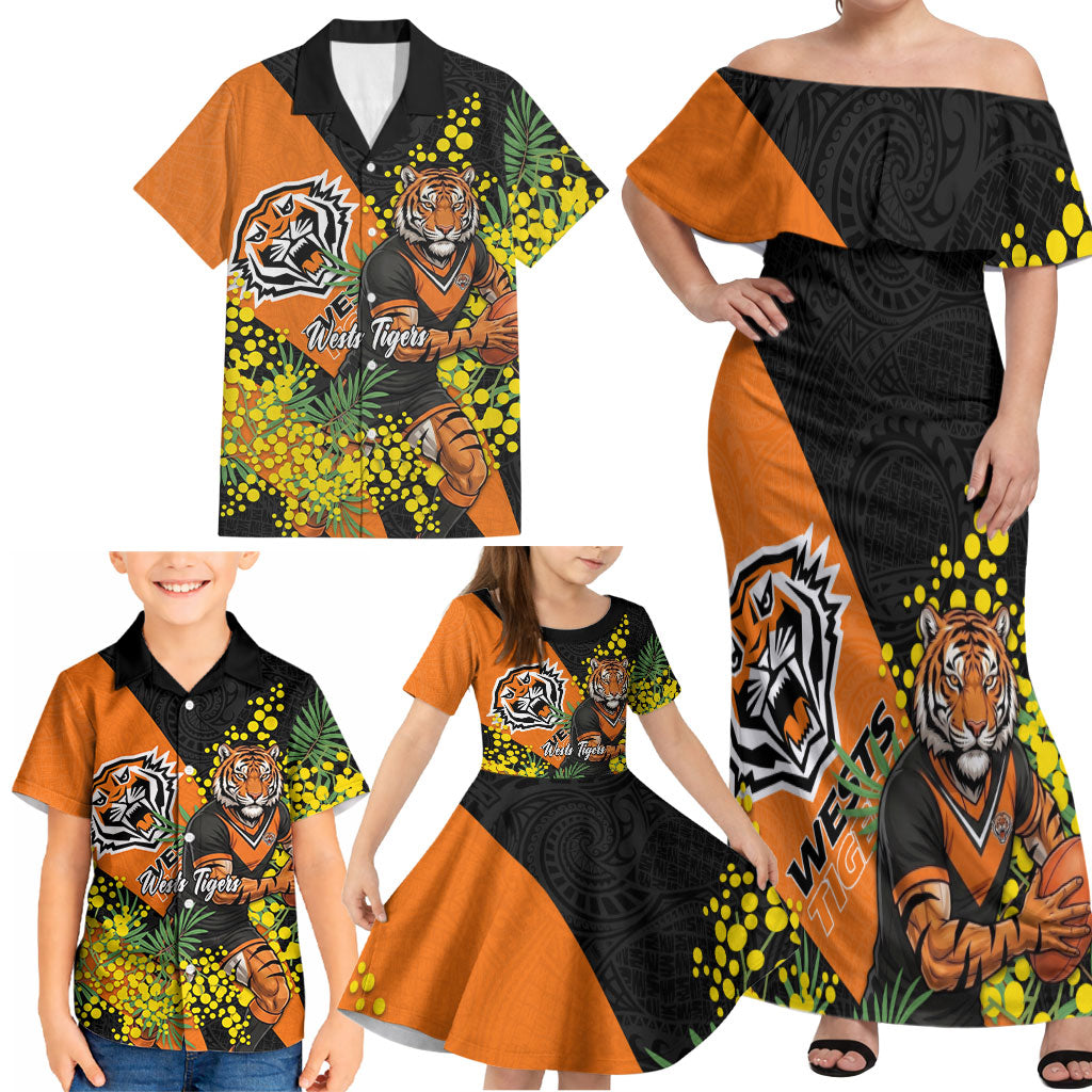 Wests Tigers Family Matching Off Shoulder Maxi Dress and Hawaiian Shirt Golden Wattle Floral Polynesian - Australian Flower - Rugby Mascot