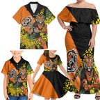 Wests Tigers Family Matching Off Shoulder Maxi Dress and Hawaiian Shirt Golden Wattle Floral Polynesian - Australian Flower - Rugby Mascot