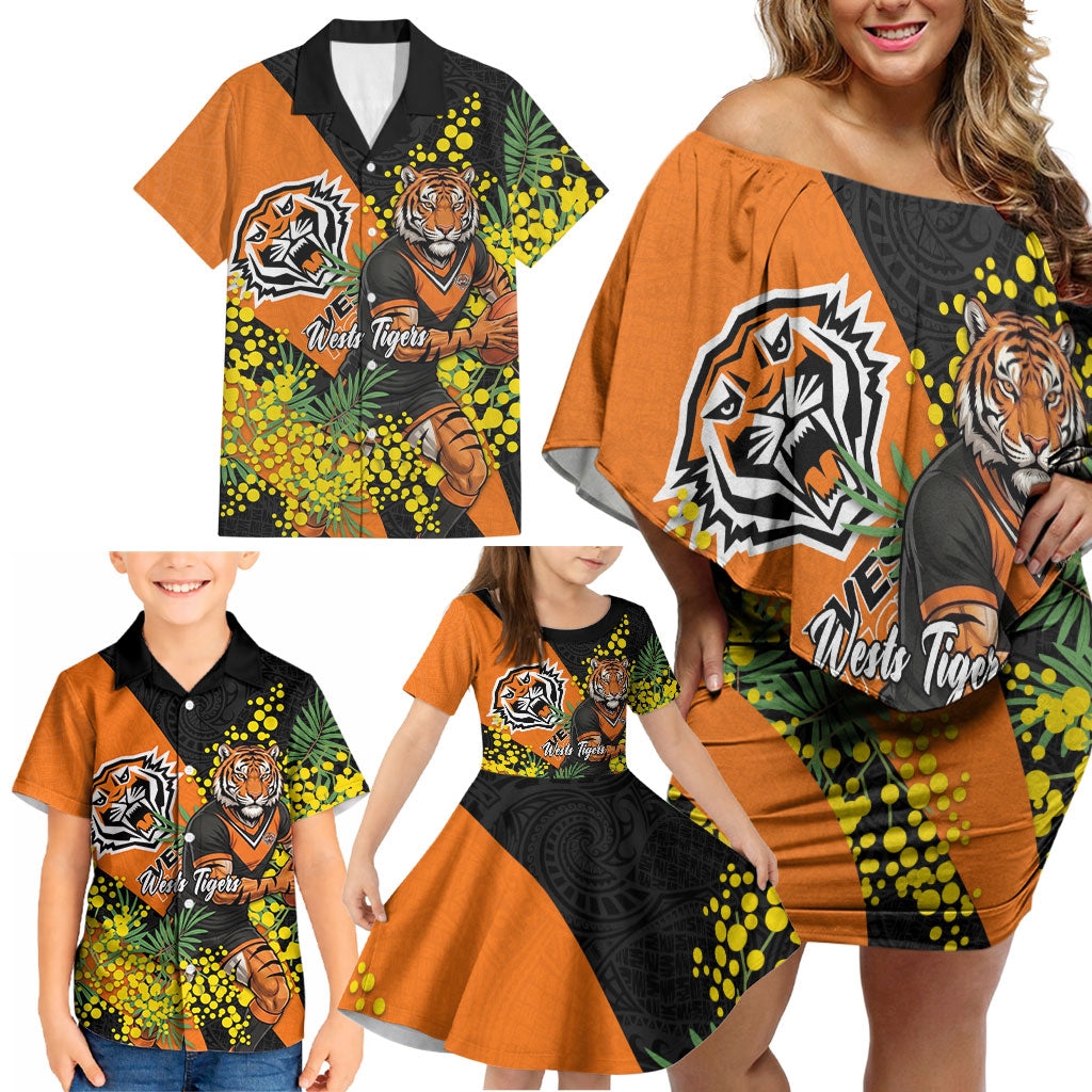 Wests Tigers Family Matching Off Shoulder Short Dress and Hawaiian Shirt Golden Wattle Floral Polynesian - Australian Flower - Rugby Mascot