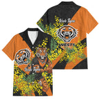 Wests Tigers Family Matching Off Shoulder Short Dress and Hawaiian Shirt Golden Wattle Floral Polynesian - Australian Flower - Rugby Mascot