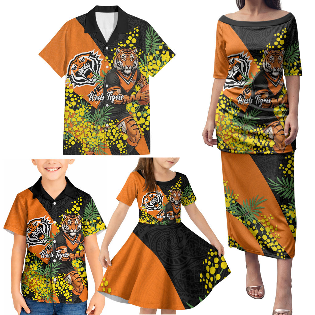 Wests Tigers Family Matching Puletasi and Hawaiian Shirt Golden Wattle Floral Polynesian - Australian Flower - Rugby Mascot