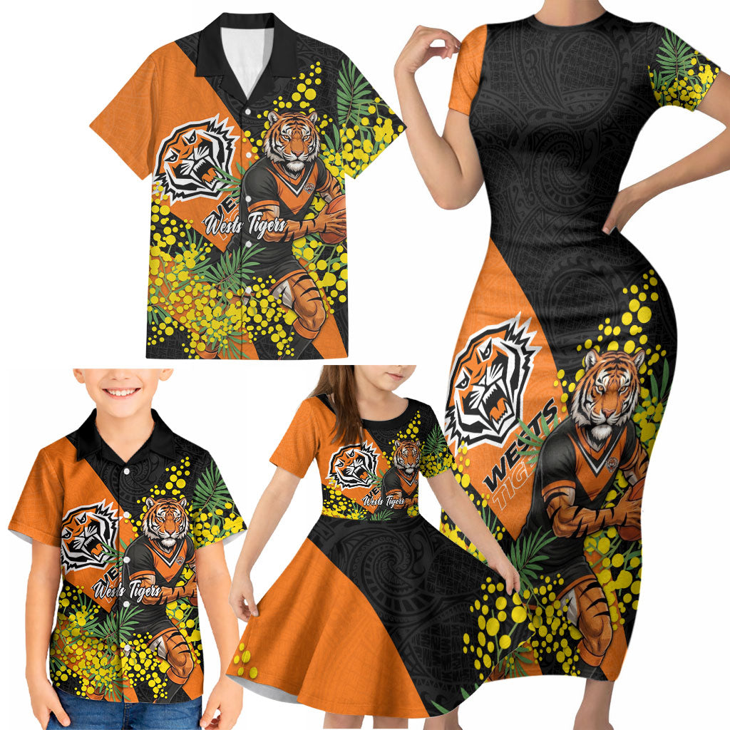 Wests Tigers Family Matching Short Sleeve Bodycon Dress and Hawaiian Shirt Golden Wattle Floral Polynesian - Australian Flower - Rugby Mascot