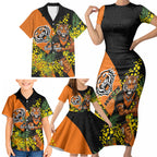 Wests Tigers Family Matching Short Sleeve Bodycon Dress and Hawaiian Shirt Golden Wattle Floral Polynesian - Australian Flower - Rugby Mascot