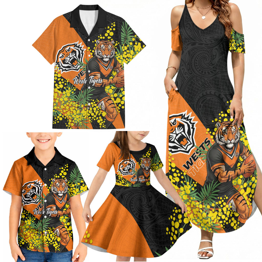 Wests Tigers Family Matching Summer Maxi Dress and Hawaiian Shirt Golden Wattle Floral Polynesian - Australian Flower - Rugby Mascot