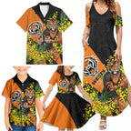 Wests Tigers Family Matching Summer Maxi Dress and Hawaiian Shirt Golden Wattle Floral Polynesian - Australian Flower - Rugby Mascot