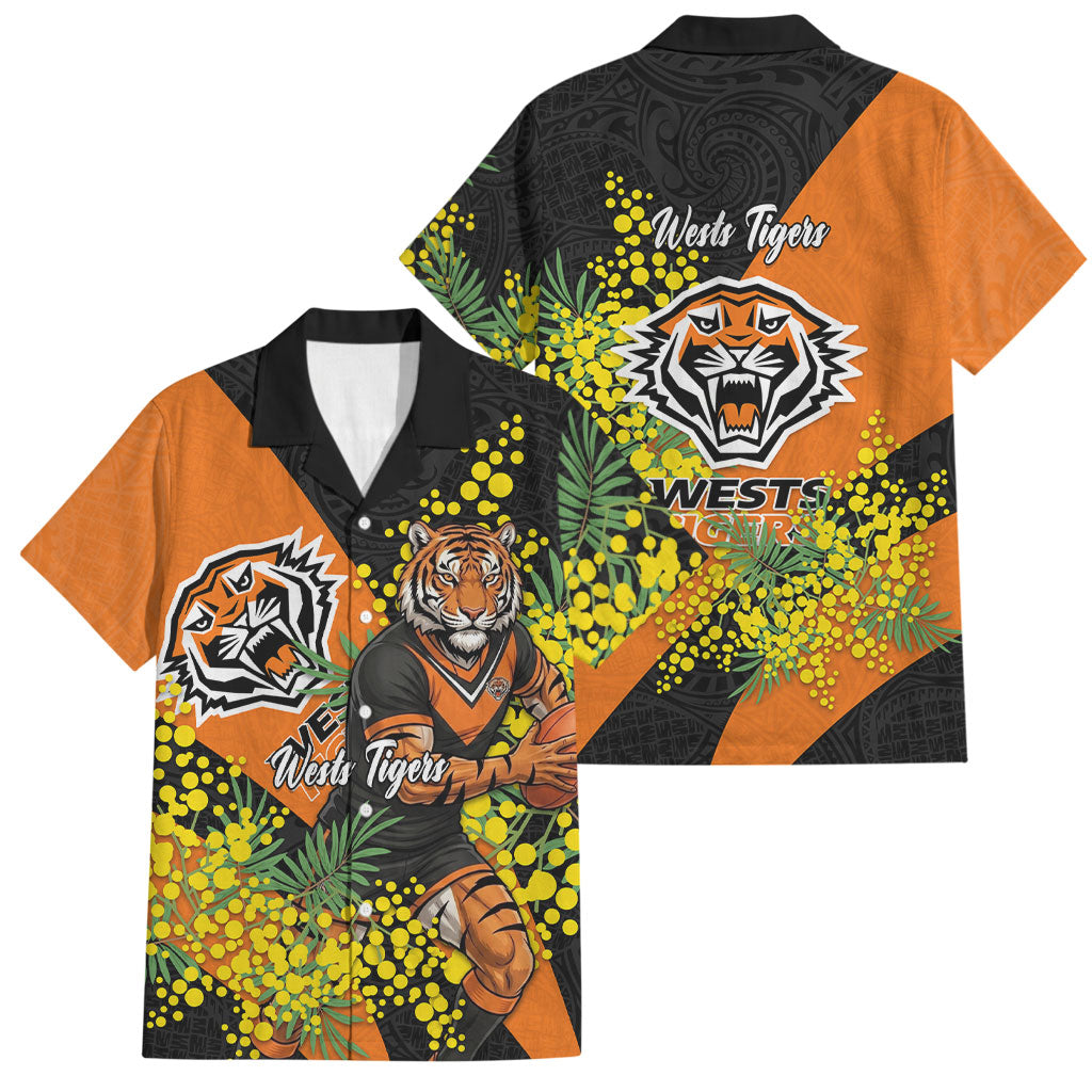 Wests Tigers Family Matching Summer Maxi Dress and Hawaiian Shirt Golden Wattle Floral Polynesian - Australian Flower - Rugby Mascot
