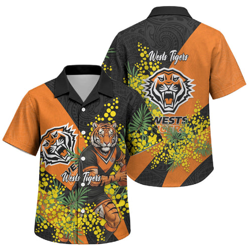 Wests Tigers Family Matching Summer Maxi Dress and Hawaiian Shirt Golden Wattle Floral Polynesian - Australian Flower - Rugby Mascot