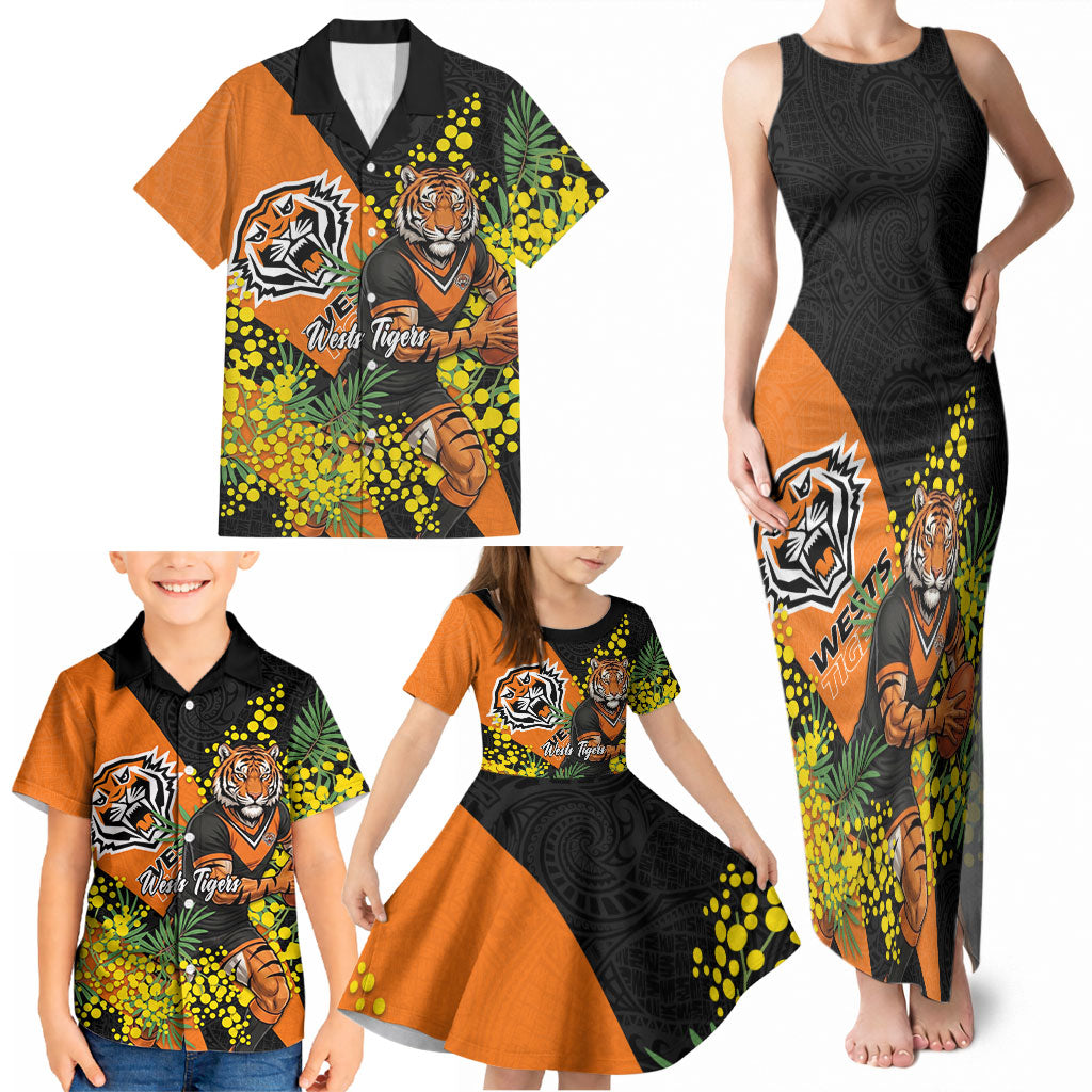 Wests Tigers Family Matching Tank Maxi Dress and Hawaiian Shirt Golden Wattle Floral Polynesian - Australian Flower - Rugby Mascot