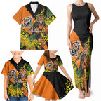 Wests Tigers Family Matching Tank Maxi Dress and Hawaiian Shirt Golden Wattle Floral Polynesian - Australian Flower - Rugby Mascot
