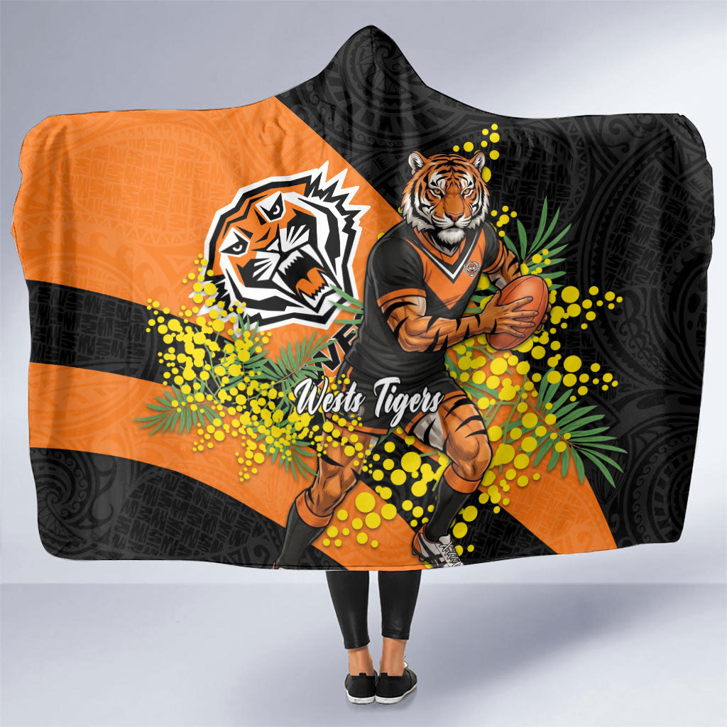 Wests Tigers Hooded Blanket Golden Wattle Floral Polynesian - Australian Flower - Rugby Mascot