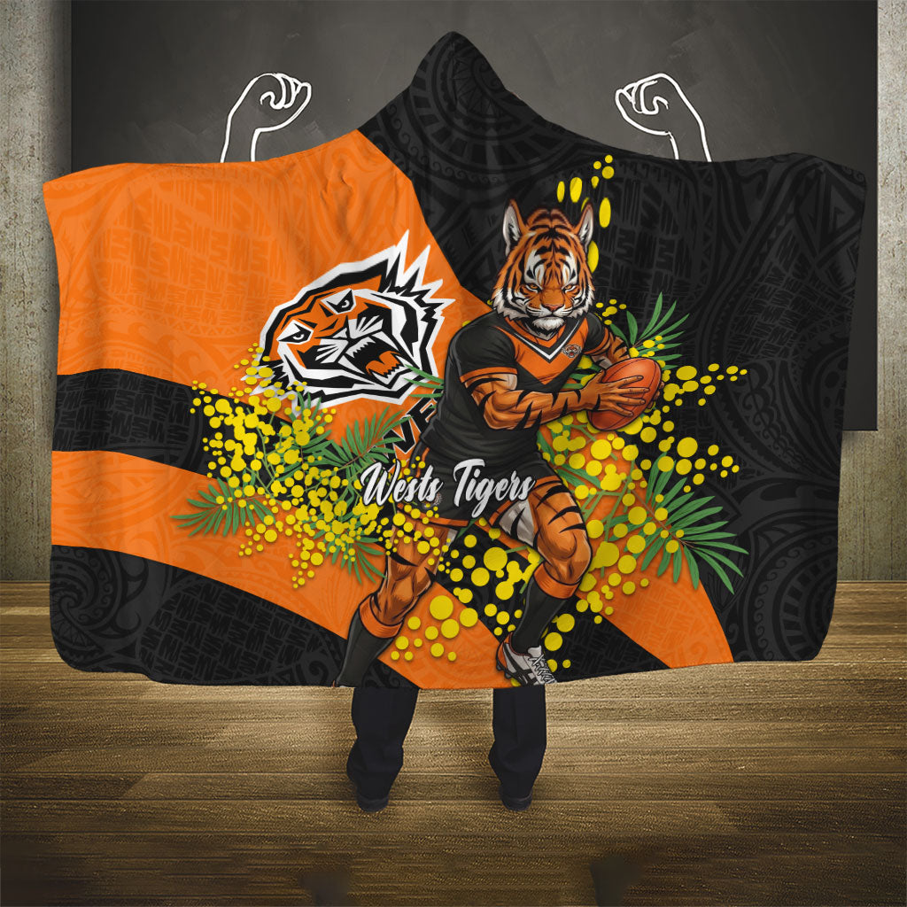 Wests Tigers Hooded Blanket Golden Wattle Floral Polynesian - Australian Flower - Rugby Mascot