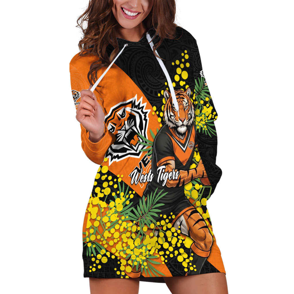 Wests Tigers Hoodie Dress Golden Wattle Floral Polynesian - Australian Flower - Rugby Mascot