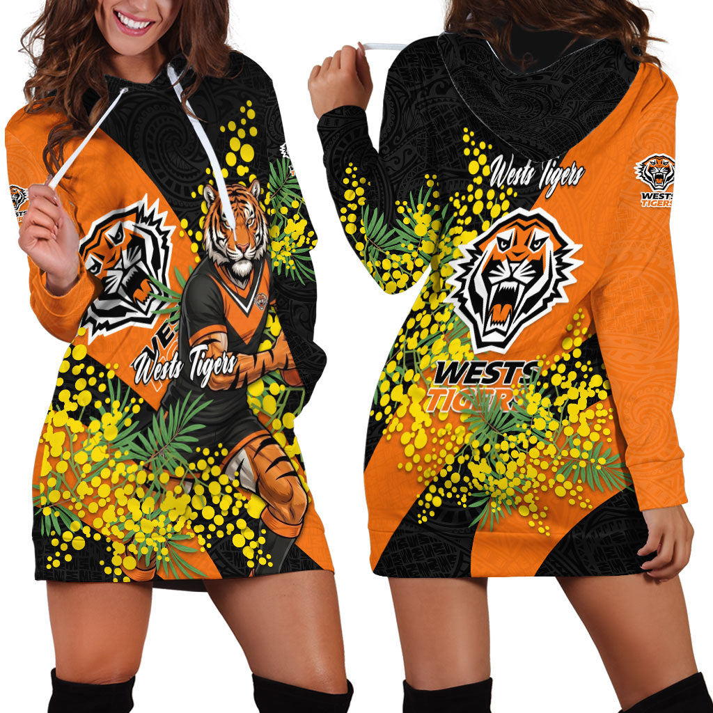 Wests Tigers Hoodie Dress Golden Wattle Floral Polynesian - Australian Flower - Rugby Mascot