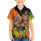 Wests Tigers Kid Hawaiian Shirt Golden Wattle Floral Polynesian - Australian Flower - Rugby Mascot