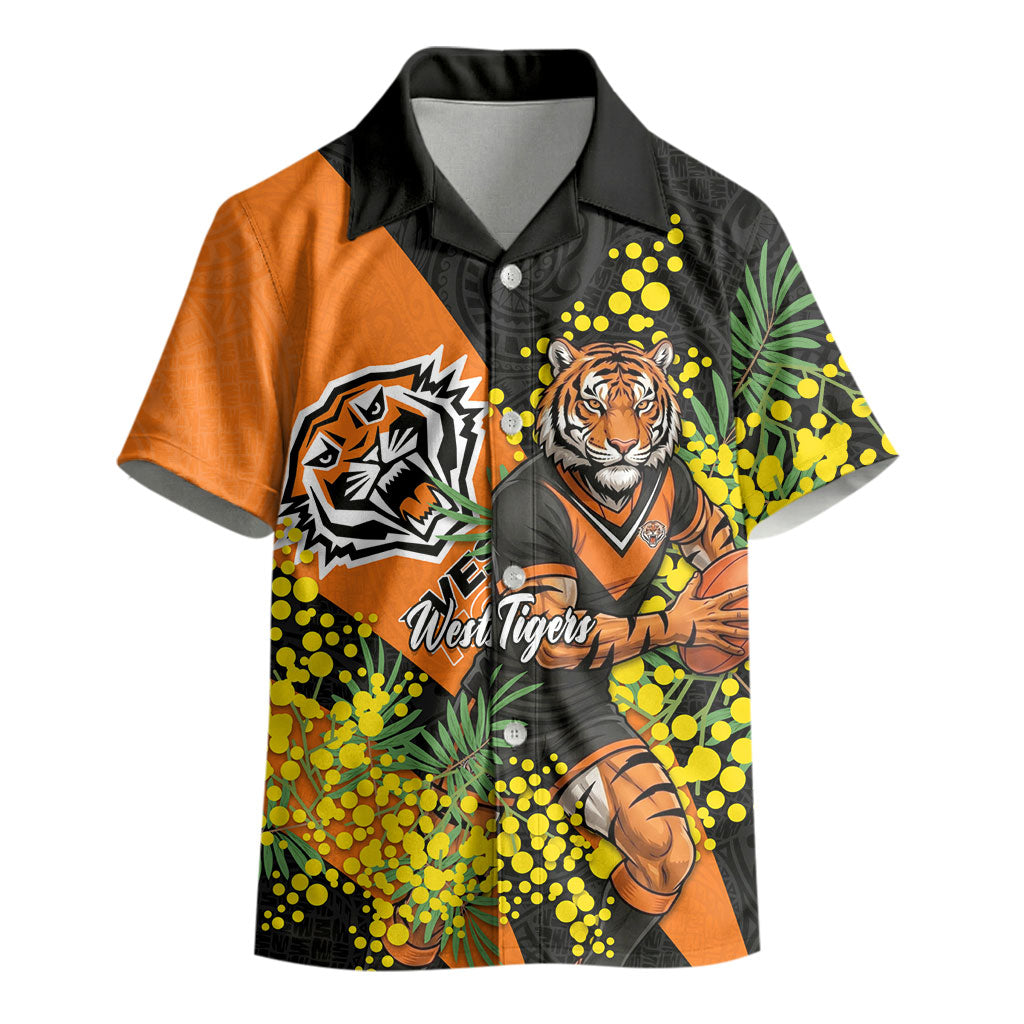 Wests Tigers Kid Hawaiian Shirt Golden Wattle Floral Polynesian - Australian Flower - Rugby Mascot