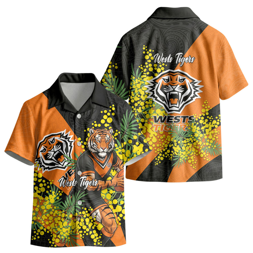 Wests Tigers Kid Hawaiian Shirt Golden Wattle Floral Polynesian - Australian Flower - Rugby Mascot