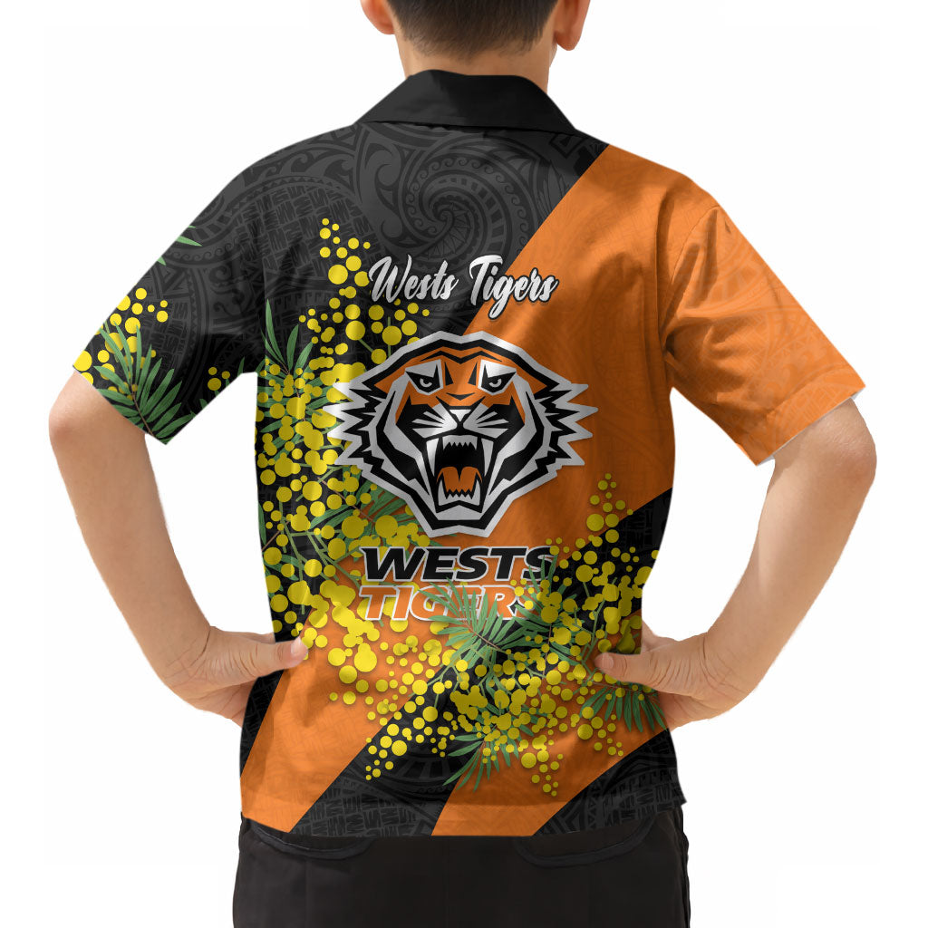Wests Tigers Kid Hawaiian Shirt Golden Wattle Floral Polynesian - Australian Flower - Rugby Mascot