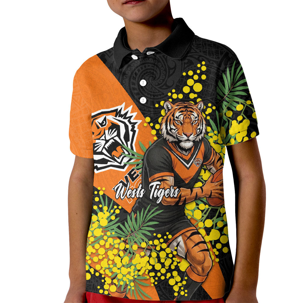 Wests Tigers Kid Polo Shirt Golden Wattle Floral Polynesian - Australian Flower - Rugby Mascot