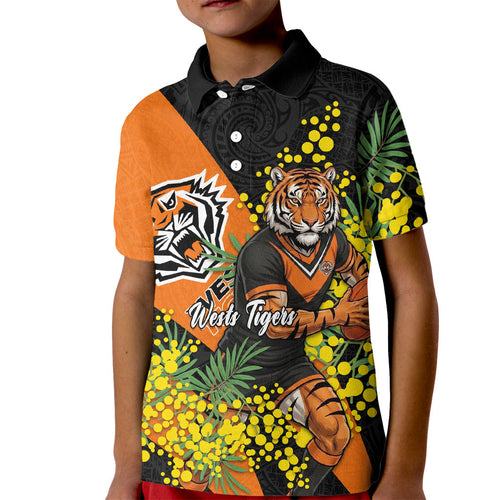 Wests Tigers Kid Polo Shirt Golden Wattle Floral Polynesian - Australian Flower - Rugby Mascot