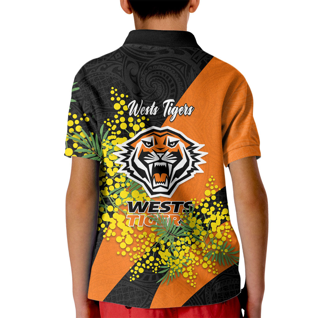 Wests Tigers Kid Polo Shirt Golden Wattle Floral Polynesian - Australian Flower - Rugby Mascot