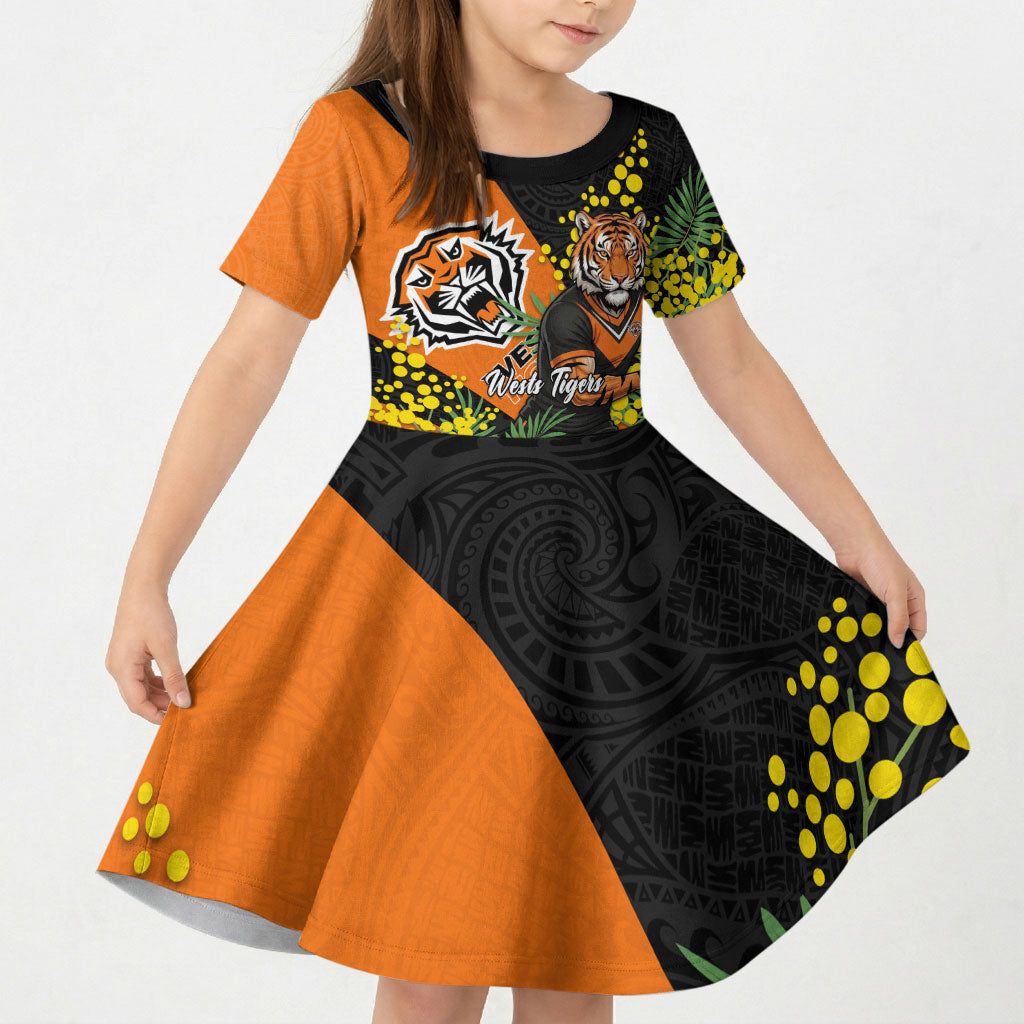 Wests Tigers Kid Short Sleeve Dress Golden Wattle Floral Polynesian - Australian Flower - Rugby Mascot