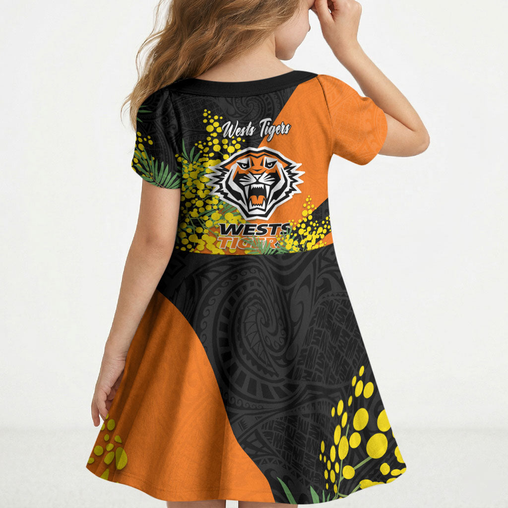 Wests Tigers Kid Short Sleeve Dress Golden Wattle Floral Polynesian - Australian Flower - Rugby Mascot